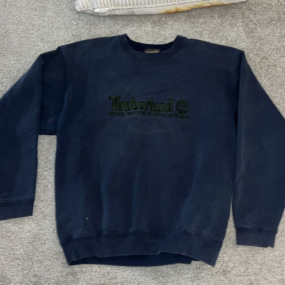 Timberland Vintage Navy Blue Heavy Thick Worn Sweatshirt WIND WATER Earth & Sky
